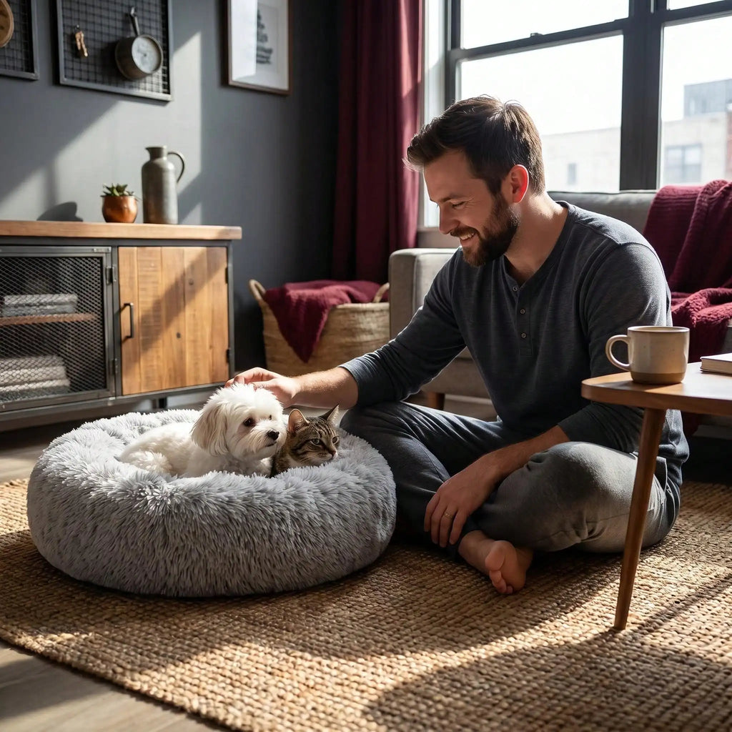 PawTech Plush Donut Cat Bed — Washable Round Cuddle Nest