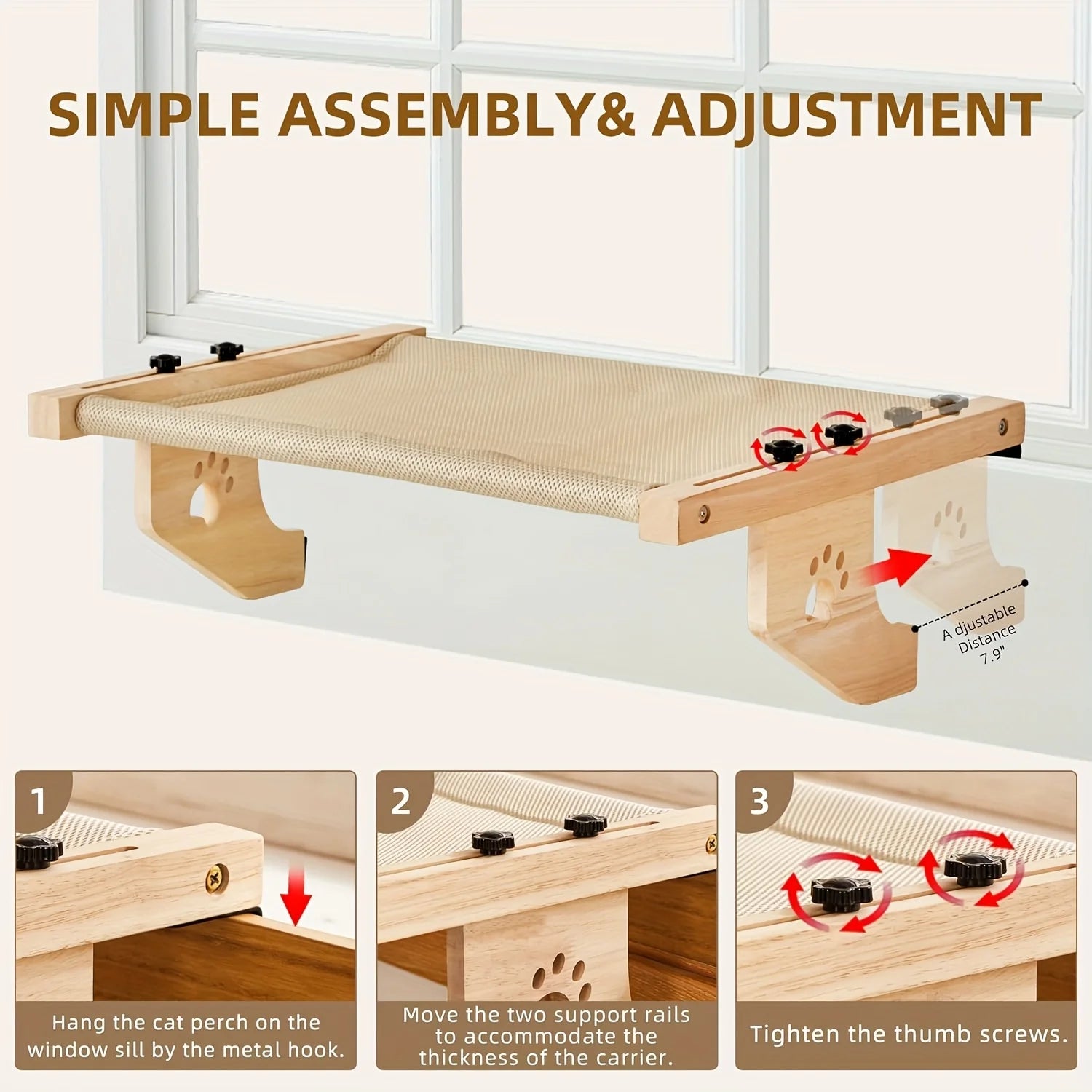 PawTech Window Sill Cat Perch — Wood & Metal Frame Seat