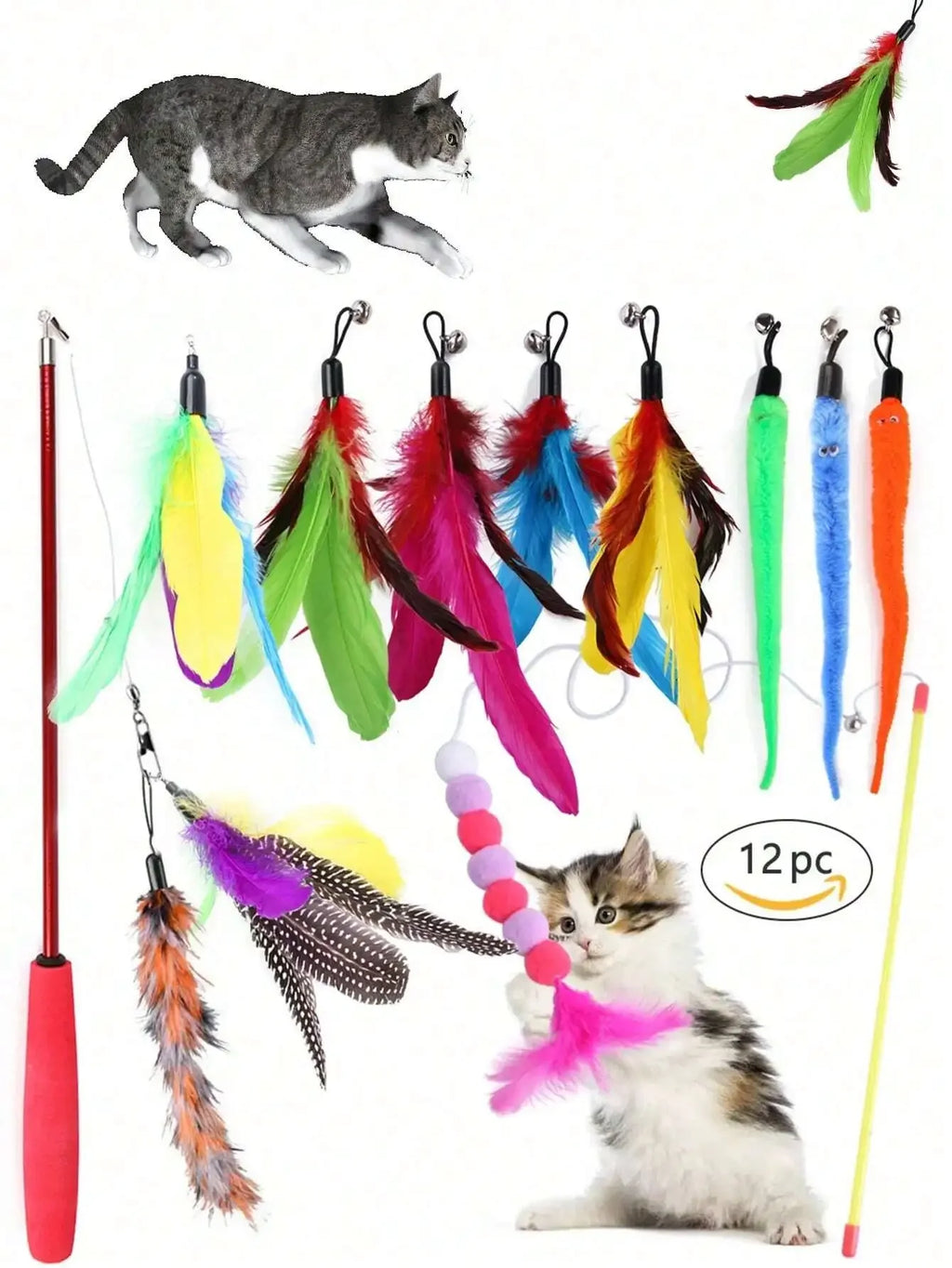 PawTech 12-Piece Cat Teaser Wand Set — Retractable Wand with Feather, Bell & Fish Attachments