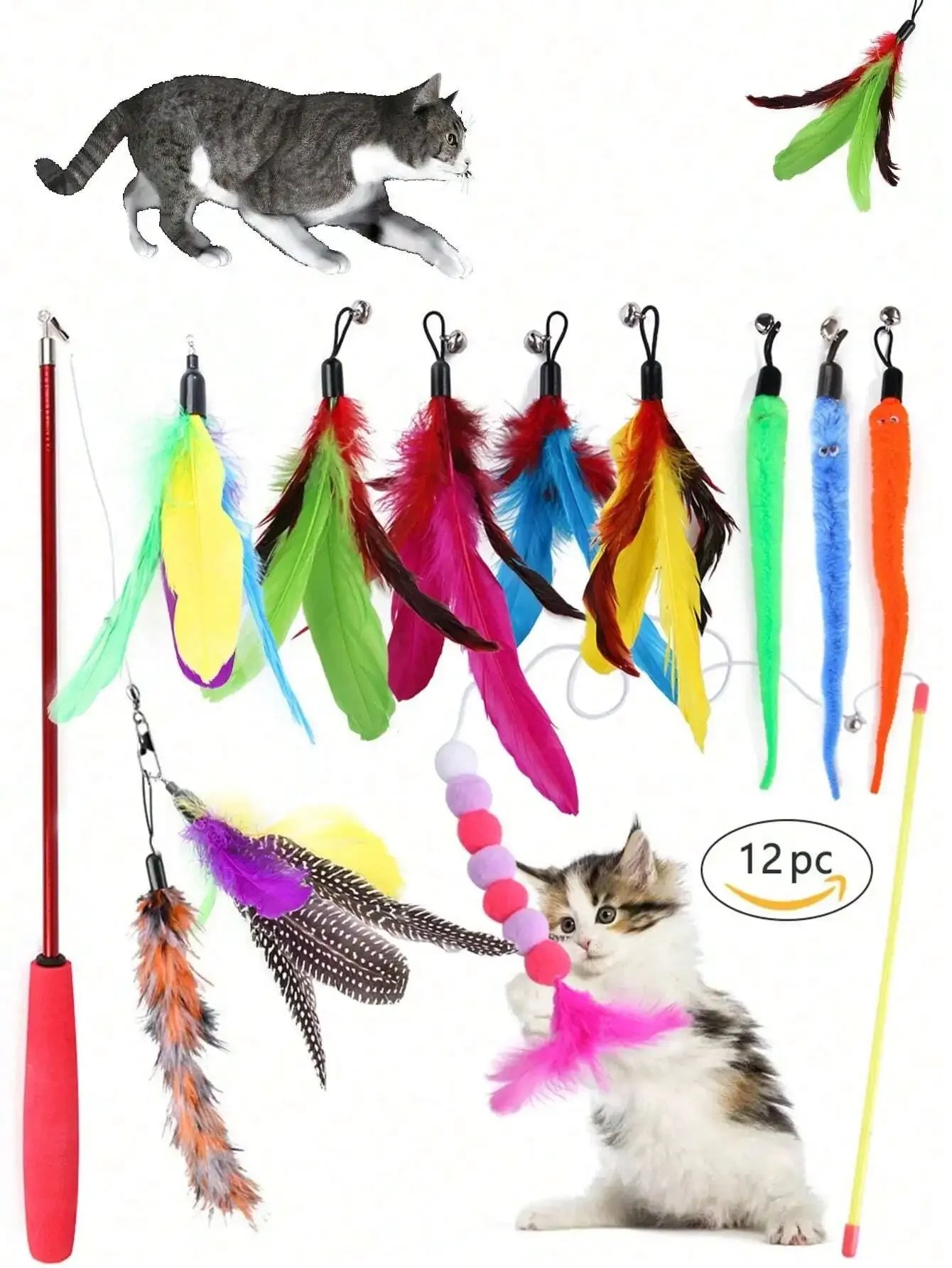 PawTech 12-Piece Cat Teaser Wand Set — Retractable Wand with Feather, Bell & Fish Attachments