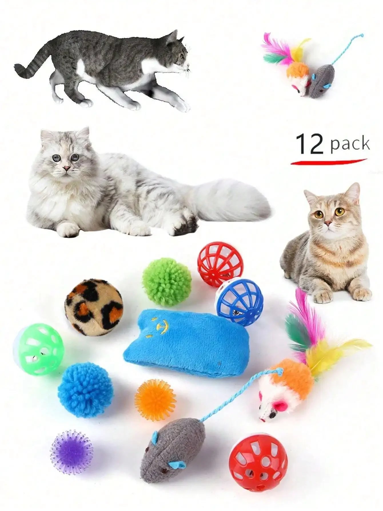 PawTech 12-Piece Cat Teaser Wand Set — Retractable Wand with Feather, Bell & Fish Attachments